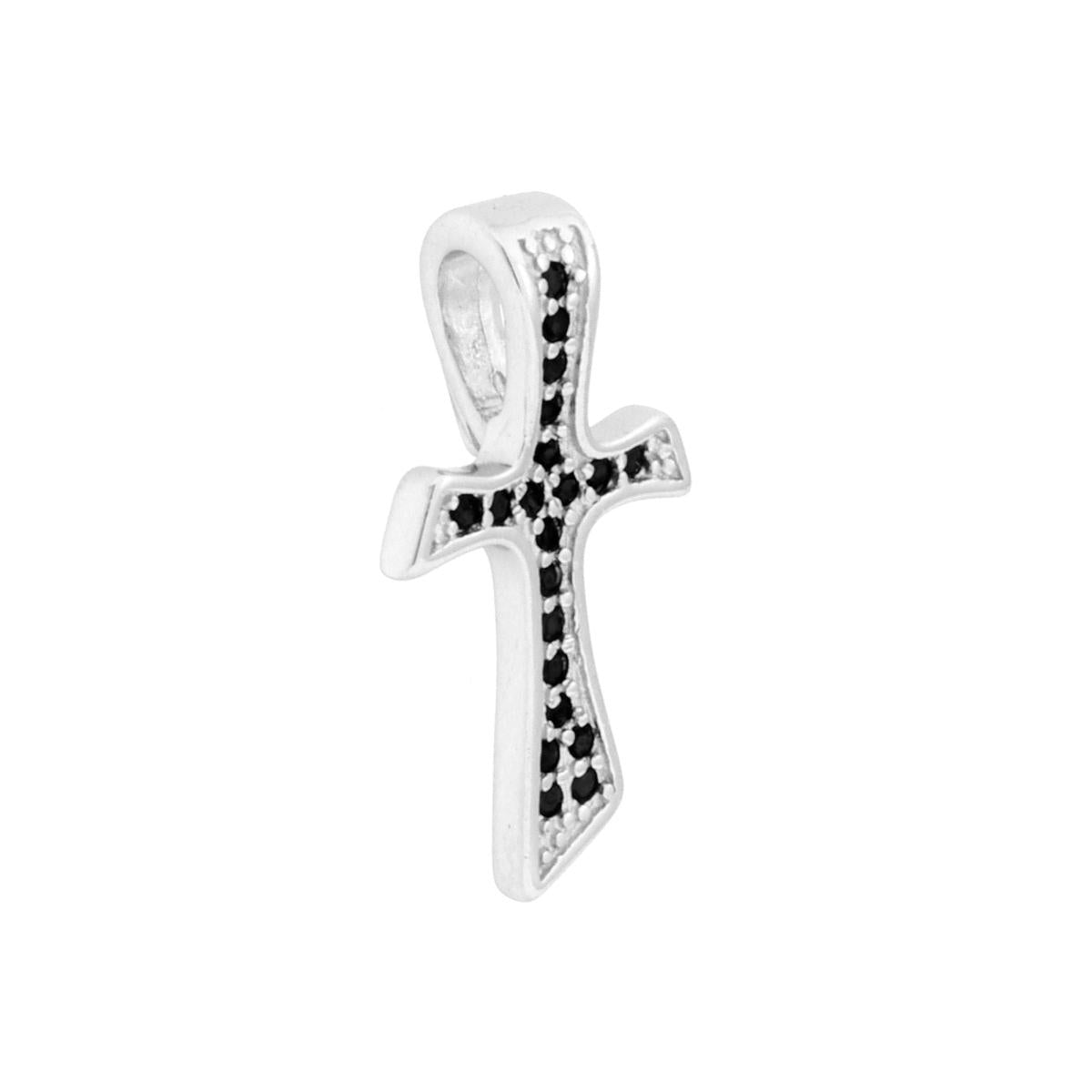 Ciondolo con passante per catena a forma di croce tao con cubic zirconia neri incastonati.<BR>