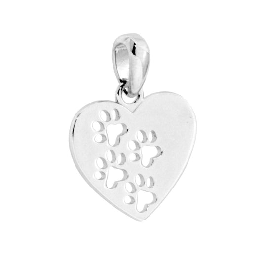 Ciondolo piastrina a forma di cuore con Impronte Zampa Cane traforate, finitura liscia e lucida.