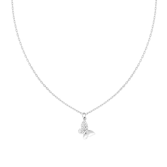 Collana Catena Forzatina Diamantata con Farfalla e Cubic Zirconia Bianchi in ARGENTO 925 Galvanica Rodio