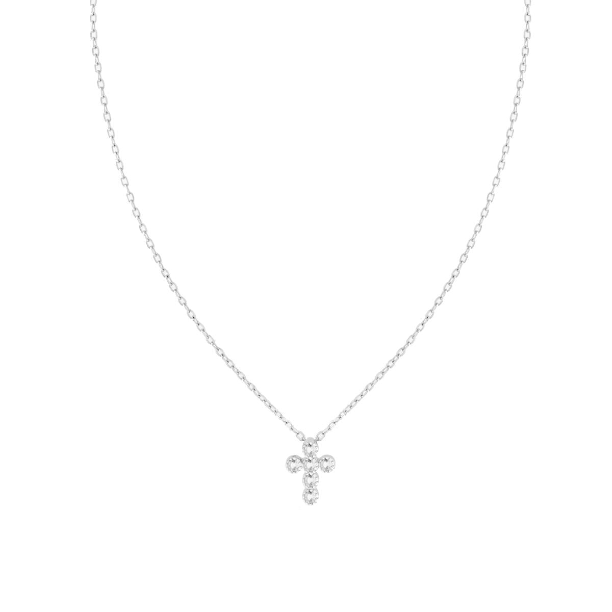 Collana Catena Forzatina Diamantata con Croce e Cubic Zirconia Bianchi in ARGENTO 925 Galvanica Rodio