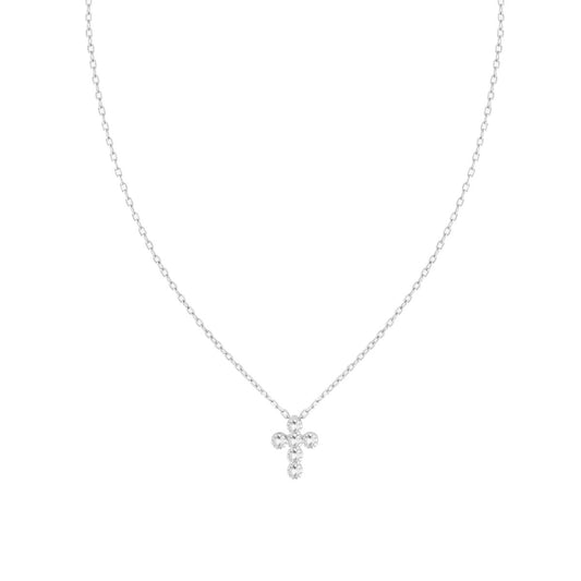 Collana Catena Forzatina Diamantata con Croce e Cubic Zirconia Bianchi in ARGENTO 925 Galvanica Rodio