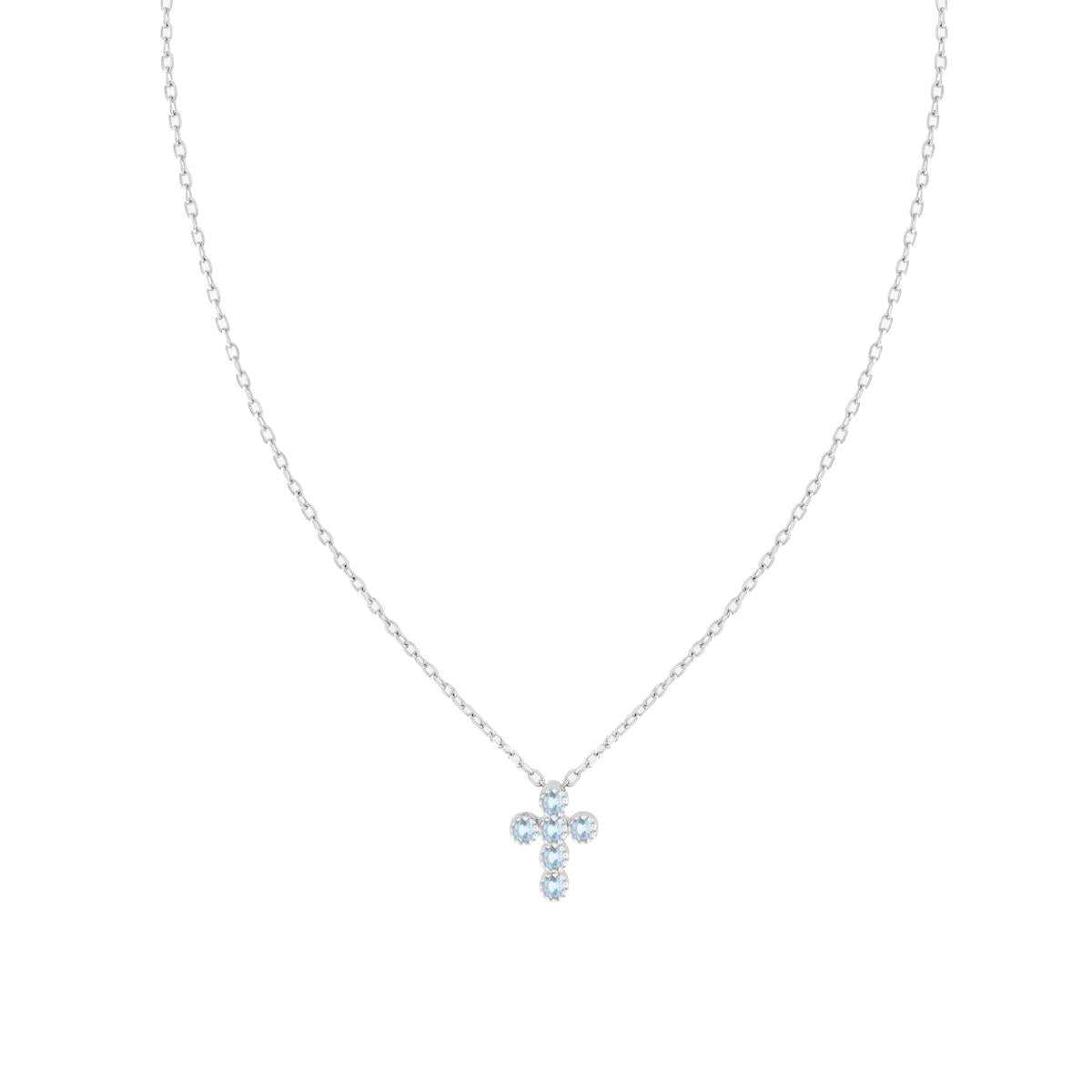 Collana Catena Forzatina Diamantata con Croce e Cubic Zirconia Acquamarina in ARGENTO 925 Galvanica Rodio