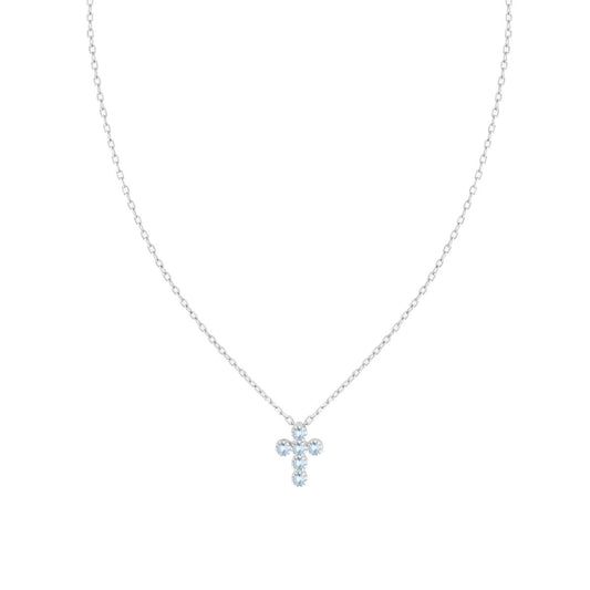 Collana Catena Forzatina Diamantata con Croce e Cubic Zirconia Acquamarina in ARGENTO 925 Galvanica Rodio