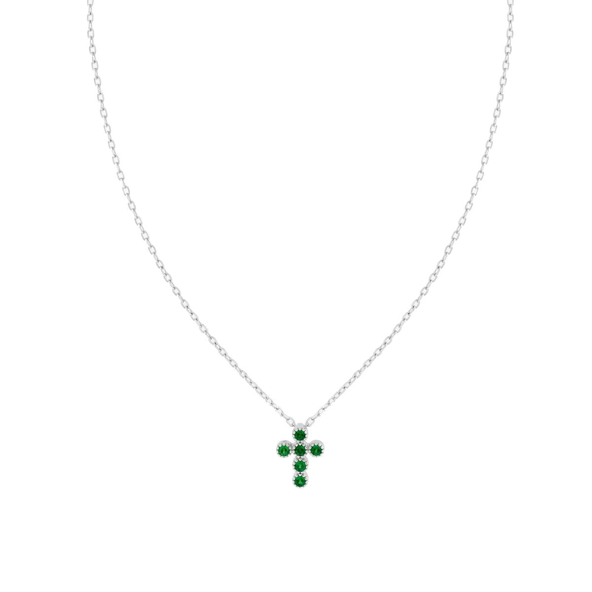 Collana Catena Forzatina Diamantata con Croce e Cubic Zirconia Verde Smeraldo in ARGENTO 925 Galvanica Rodio