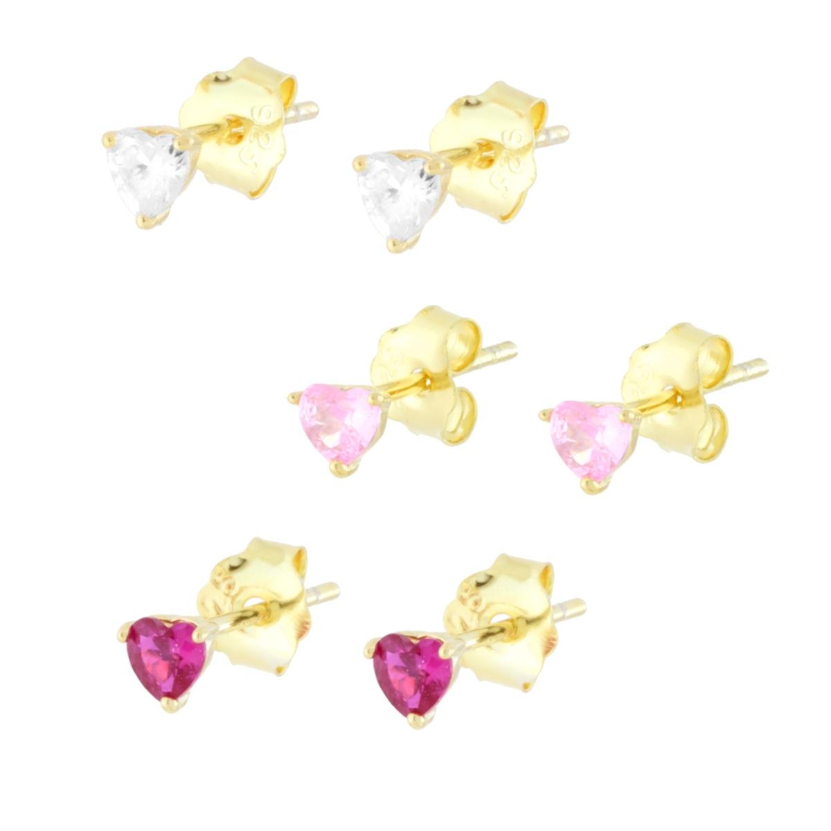 Set Orecchini Combo Cuore con Cubic Zirconia Multicolor in ARGENTO 925 Galvanica Oro