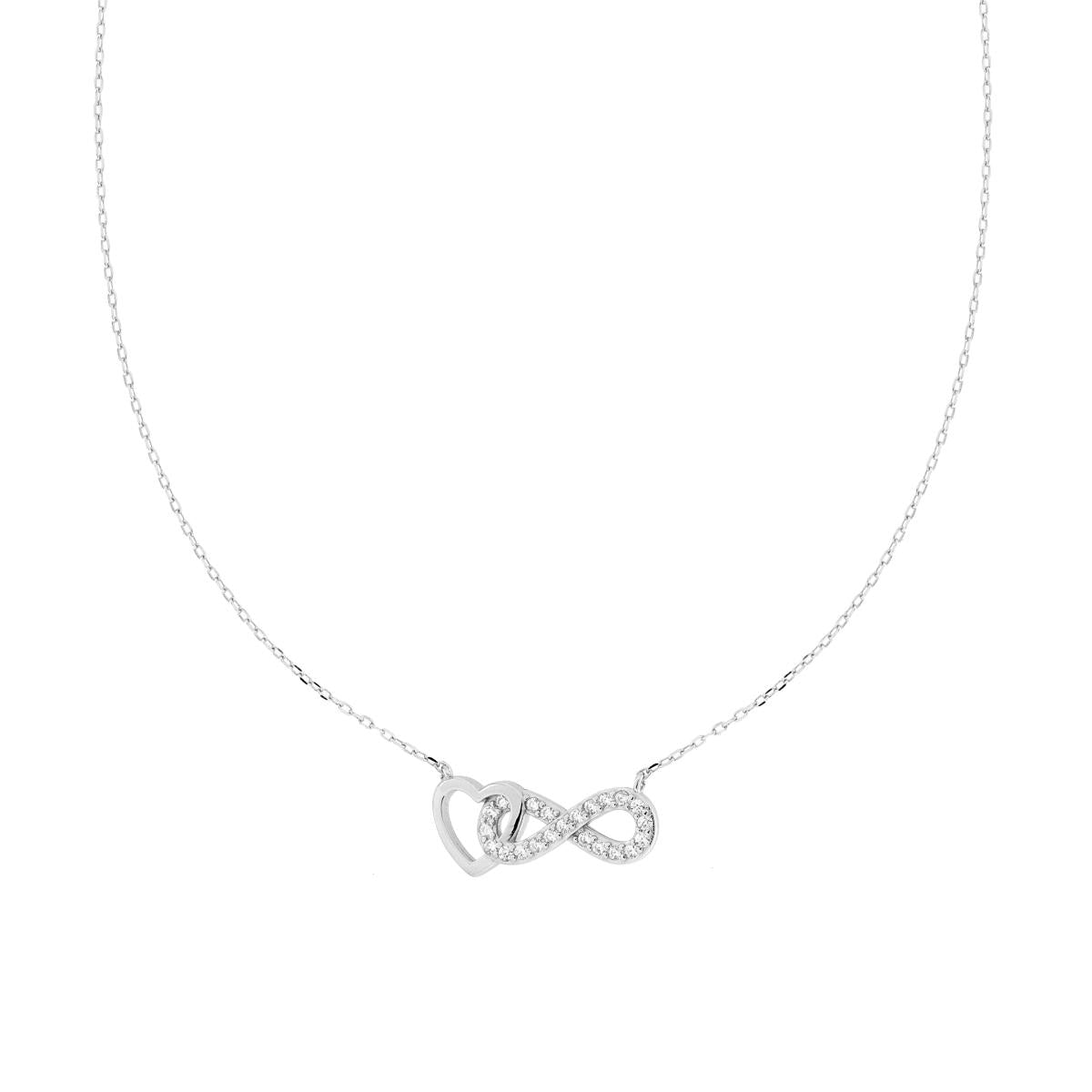 Collana Catena Forzatina Diamantata con Cuore Infinito e Cubic Zirconia Bianchi in ARGENTO 925 Galvanica Rodio
