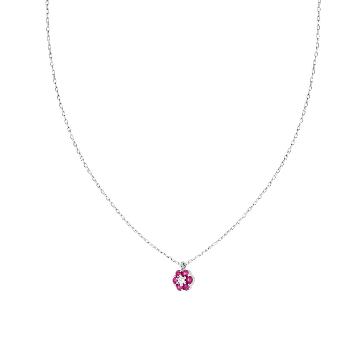 Collana Catena Forzatina Diamantata con Fiore e Cubic Zirconia Rosso Rubino e Bianchi in ARGENTO 925 Galvanica Rodio