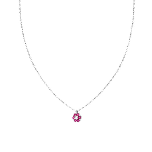 Collana Catena Forzatina Diamantata con Fiore e Cubic Zirconia Rosso Rubino e Bianchi in ARGENTO 925 Galvanica Rodio