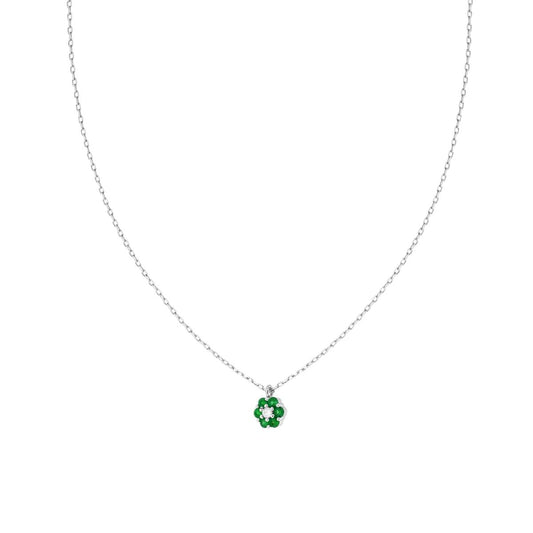 Collana Catena Forzatina Diamantata con Fiore e Cubic Zirconia Verde Smeraldo e Bianchi in ARGENTO 925 Galvanica Rodio