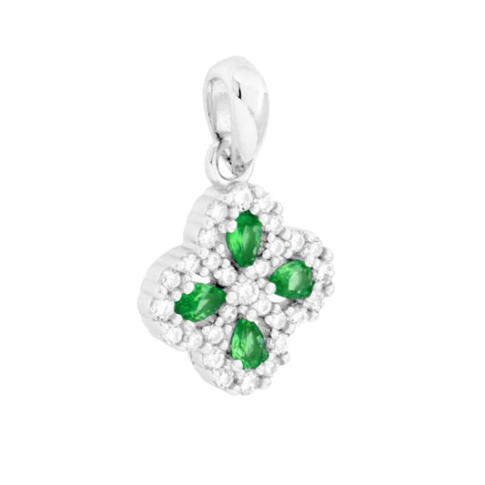 Ciondolo a forma di quadrifoglio con cubic zirconia incastonati, Verde Smeraldo taglio goccia e bianchi taglio tondo.