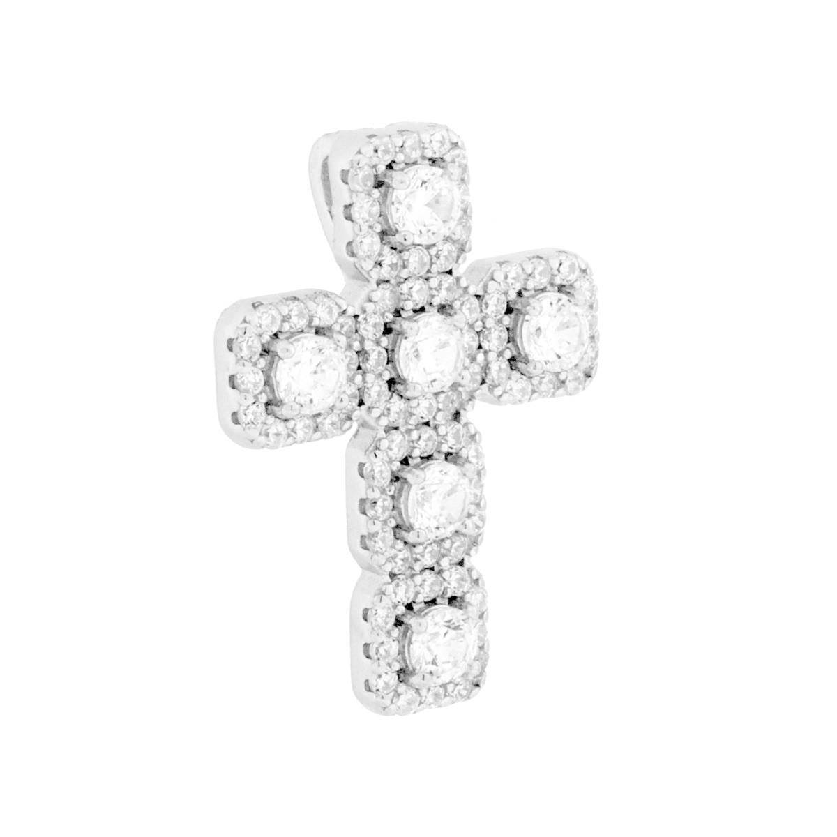 Ciondolo con passante per catena a forma di croce con tondi montati su 4 Griffe e cubic zirconia bianchi incastonati intorno.