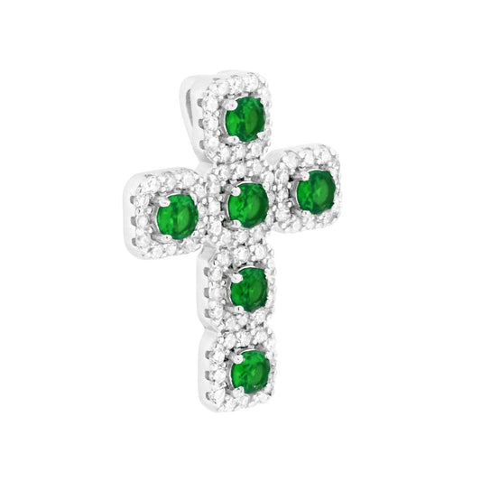 Ciondolo con passante per catena a forma di croce con tondi Verde Smeraldo montati su 4 Griffe con cubic zirconia bianchi incastonati intorno.