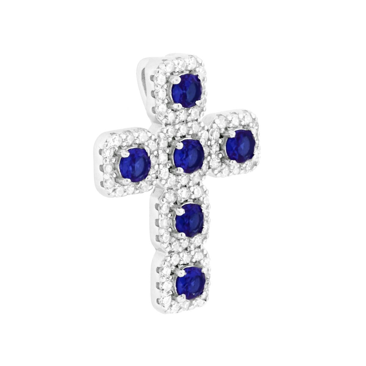 Ciondolo con passante per catena a forma di croce con tondi Blu Zaffiro montati su 4 Griffe con cubic zirconia bianchi incastonati intorno.<BR>
