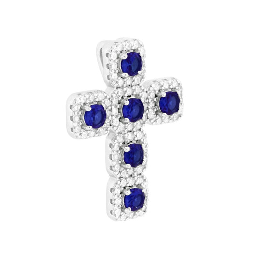 Ciondolo con passante per catena a forma di croce con tondi Blu Zaffiro montati su 4 Griffe con cubic zirconia bianchi incastonati intorno.<BR>