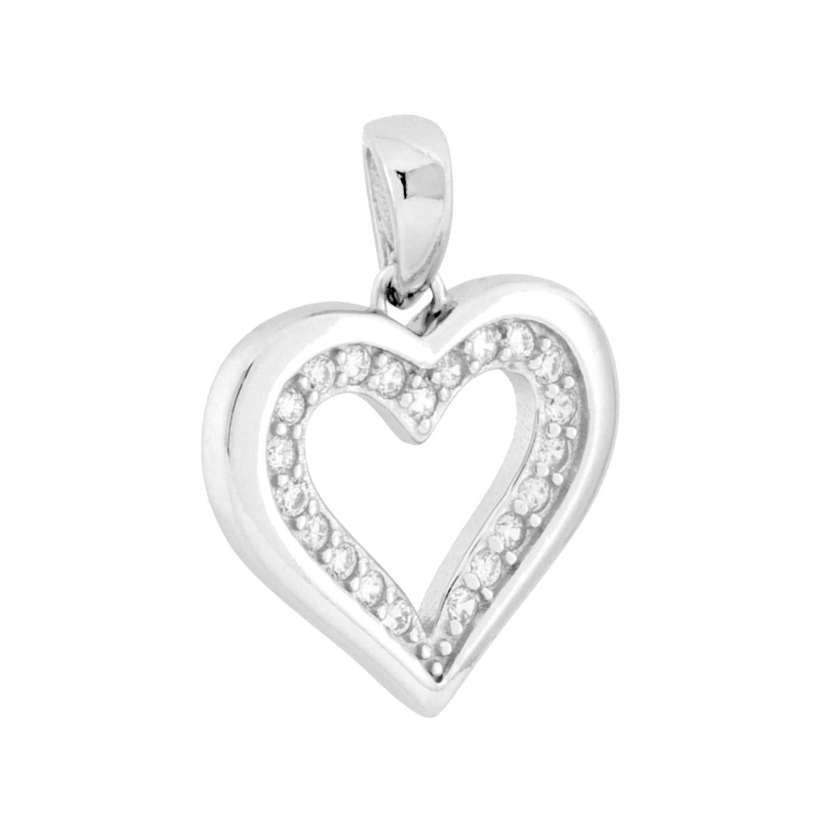 Ciondolo a forma di cuore con finitura lucida e con cubic zirconia bianchi incastonati.<BR>