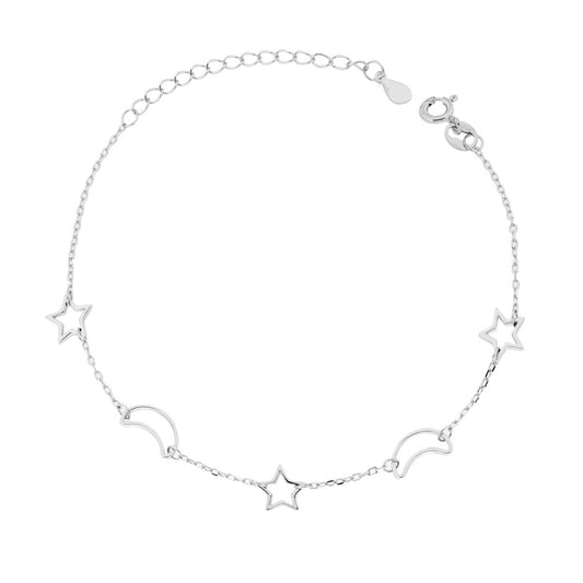 Bracciale Catena Forzatina Diamantata con Stelle e Lune in ARGENTO 925 Galvanica Rodio
