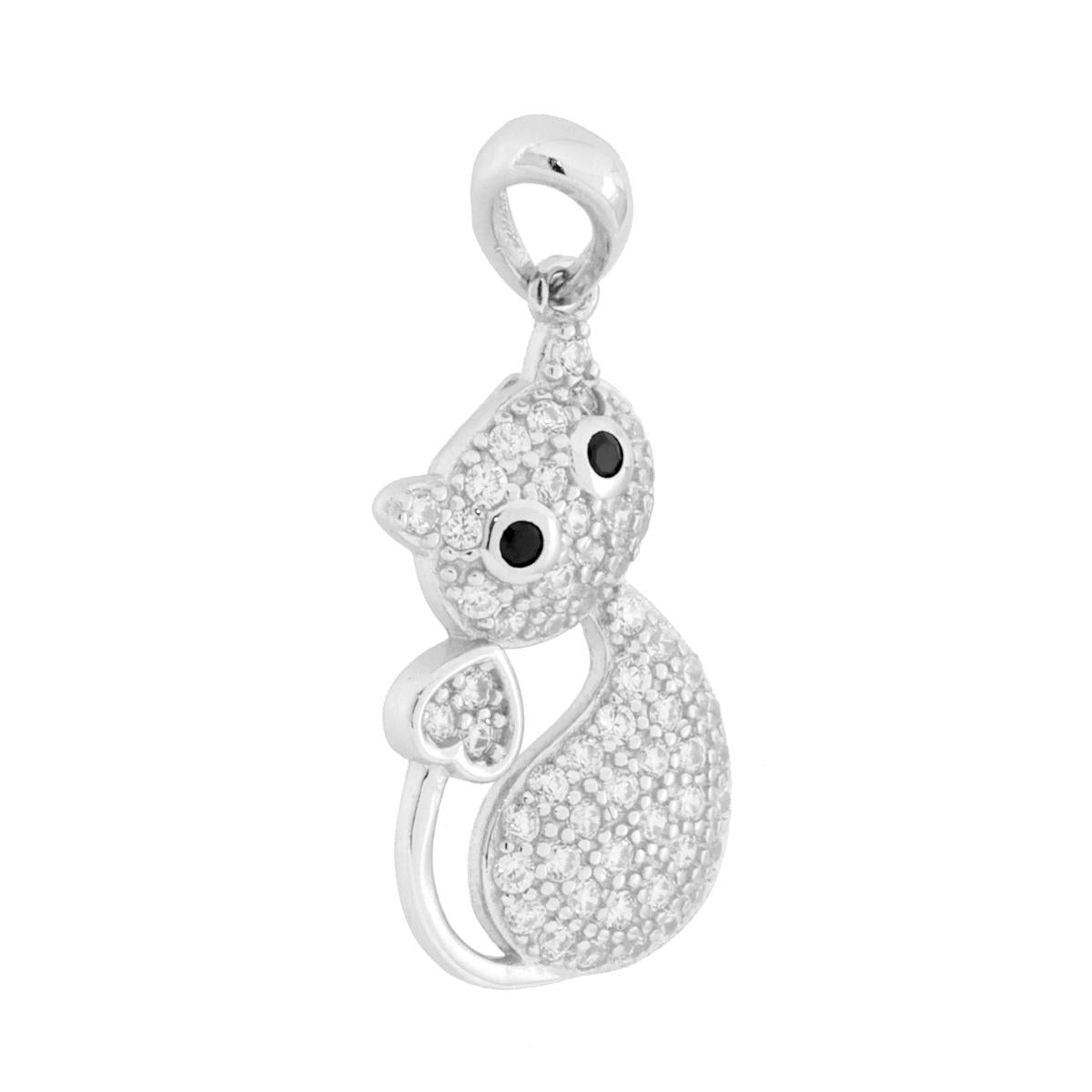 Ciondolo a forma di gatto con coda a cuore e cubic zirconia bianchi e neri incastonati.