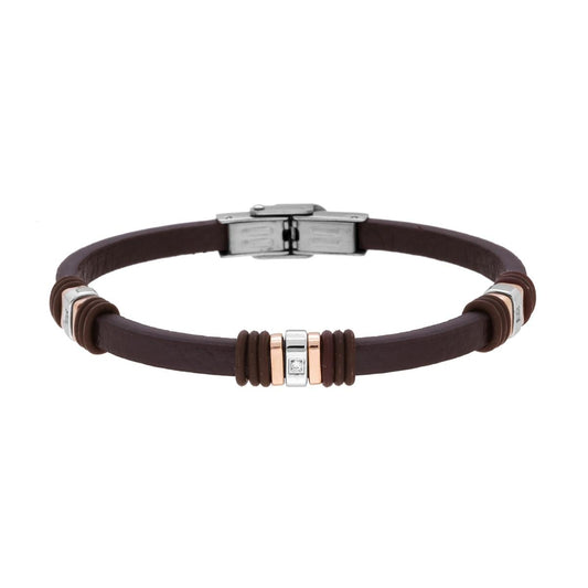 Bracciale Uomo in Ecopelle Marrone con Crystal Bianchi e Accessori Rosa in ACCIAIO