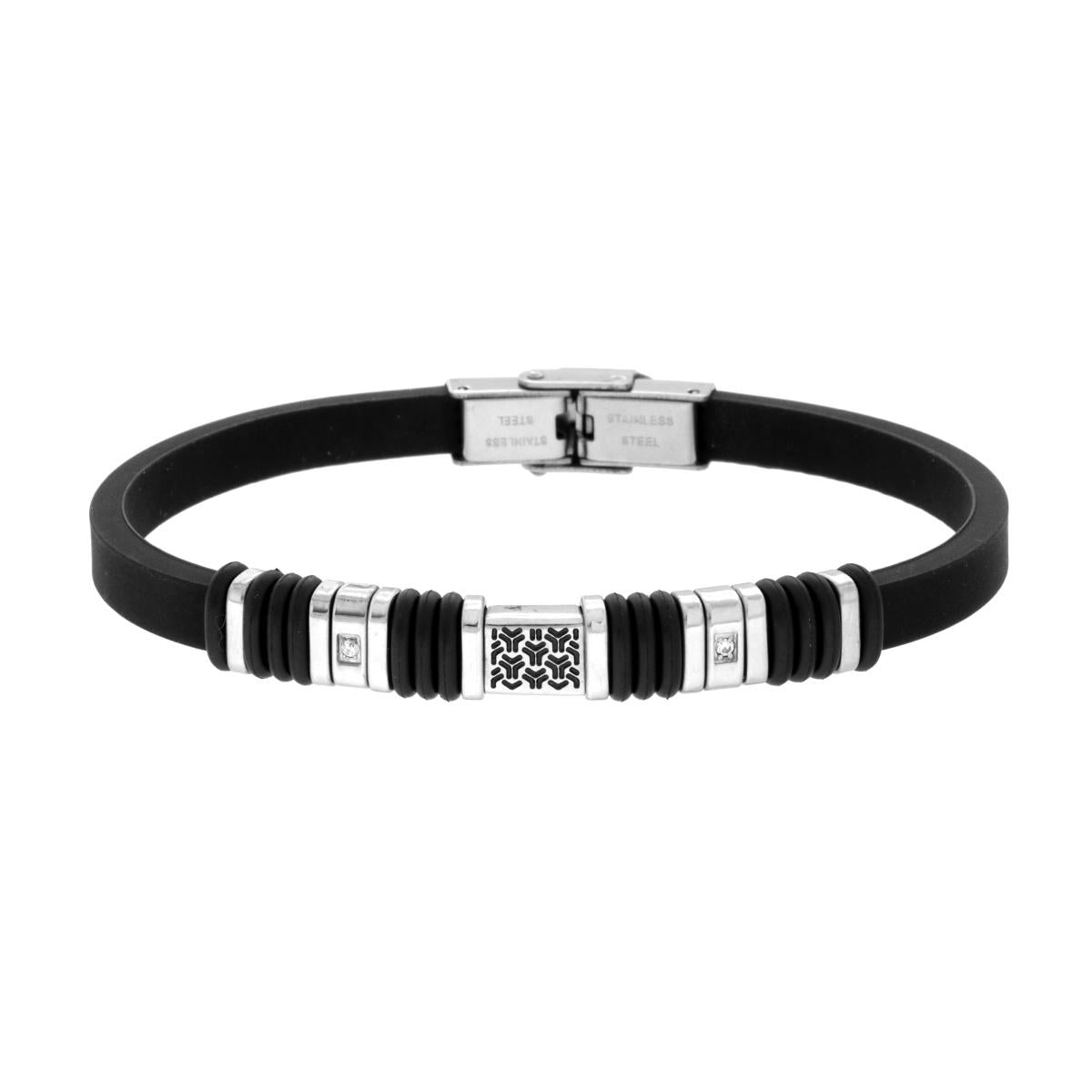 Bracciale Uomo in PVC Caucciu Nero con Accessori con Decoro Geometrico con Crystal Bianchi in ACCIAIO