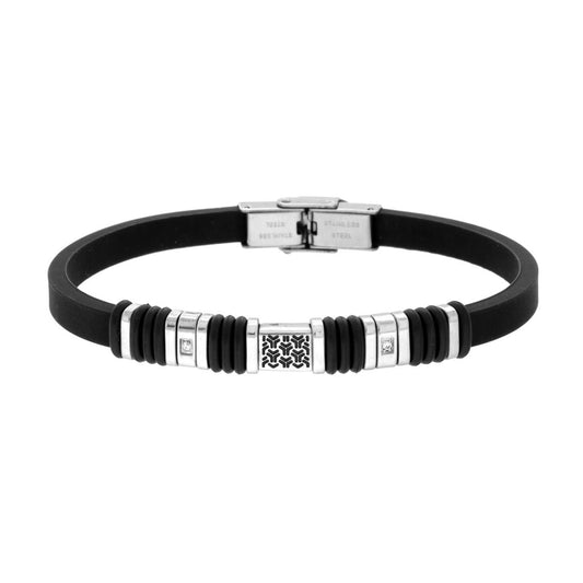 Bracciale Uomo in PVC Caucciu Nero con Accessori con Decoro Geometrico con Crystal Bianchi in ACCIAIO