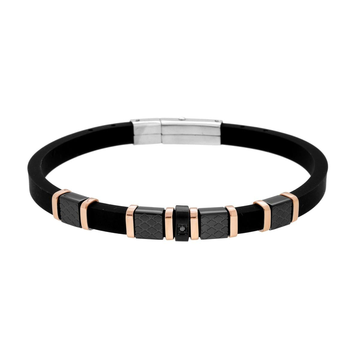 Bracciale Uomo in PVC Caucciu Nero con Accessori con Decoro Geometrico Nero e Rosa con Crystal Nero in ACCIAIO