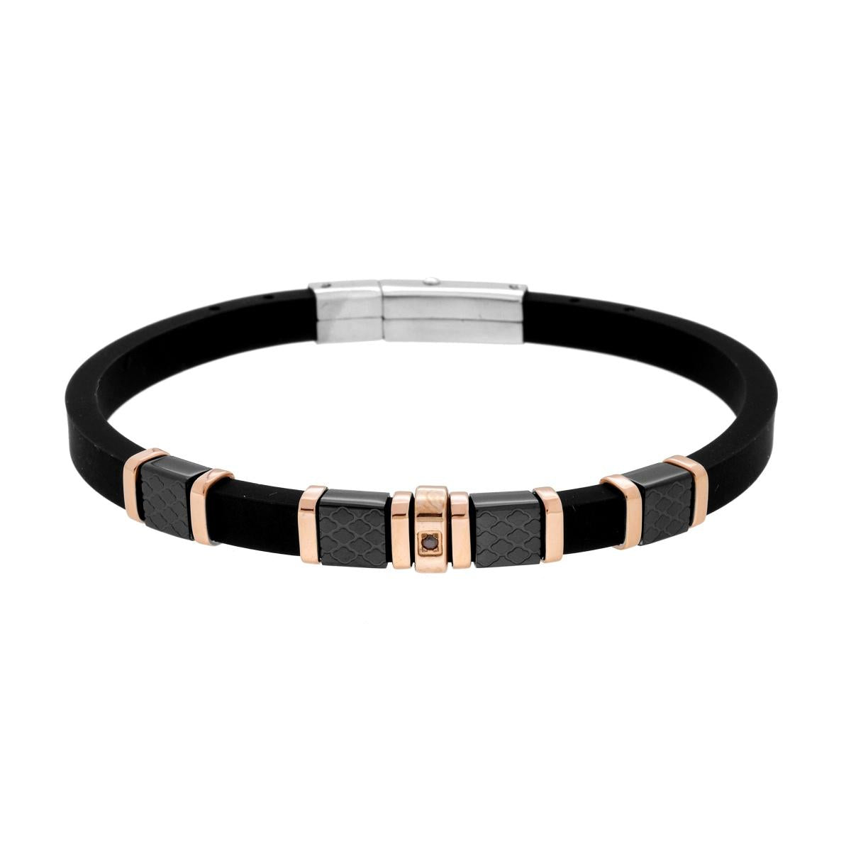 Bracciale Uomo in PVC Caucciu Nero con Accessori con Decoro Geometrico Nero e Rosa con Crystal Nero in ACCIAIO