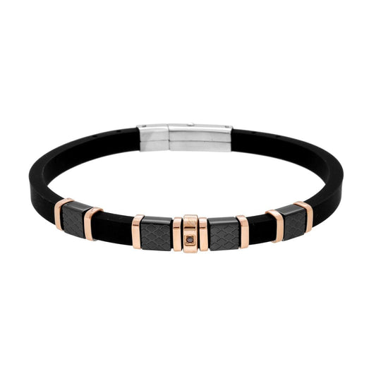 Bracciale Uomo in PVC Caucciu Nero con Accessori con Decoro Geometrico Nero e Rosa con Crystal Nero in ACCIAIO
