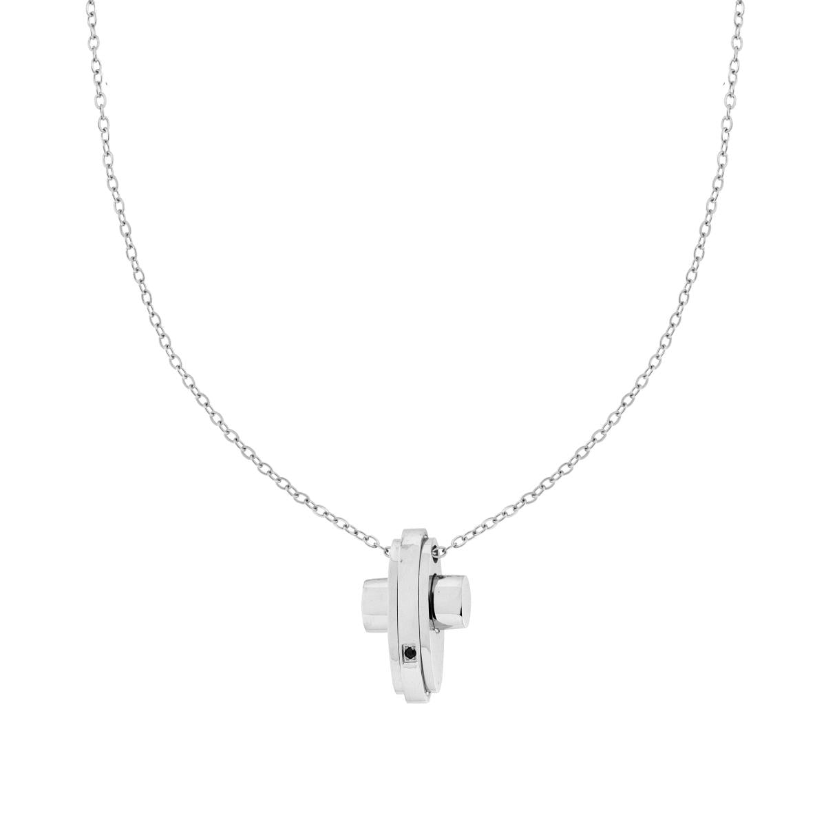 Collana con Catena Forzatina Diamantata con Croce e Crystal Nero in ACCIAIO