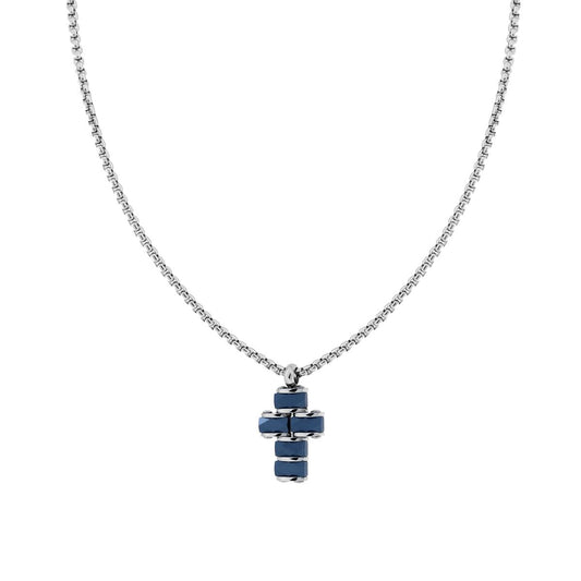 Collana Catena Veneziana Tonda con Croce con Inserti in Ceramica Bugnata Blu in ACCIAIO