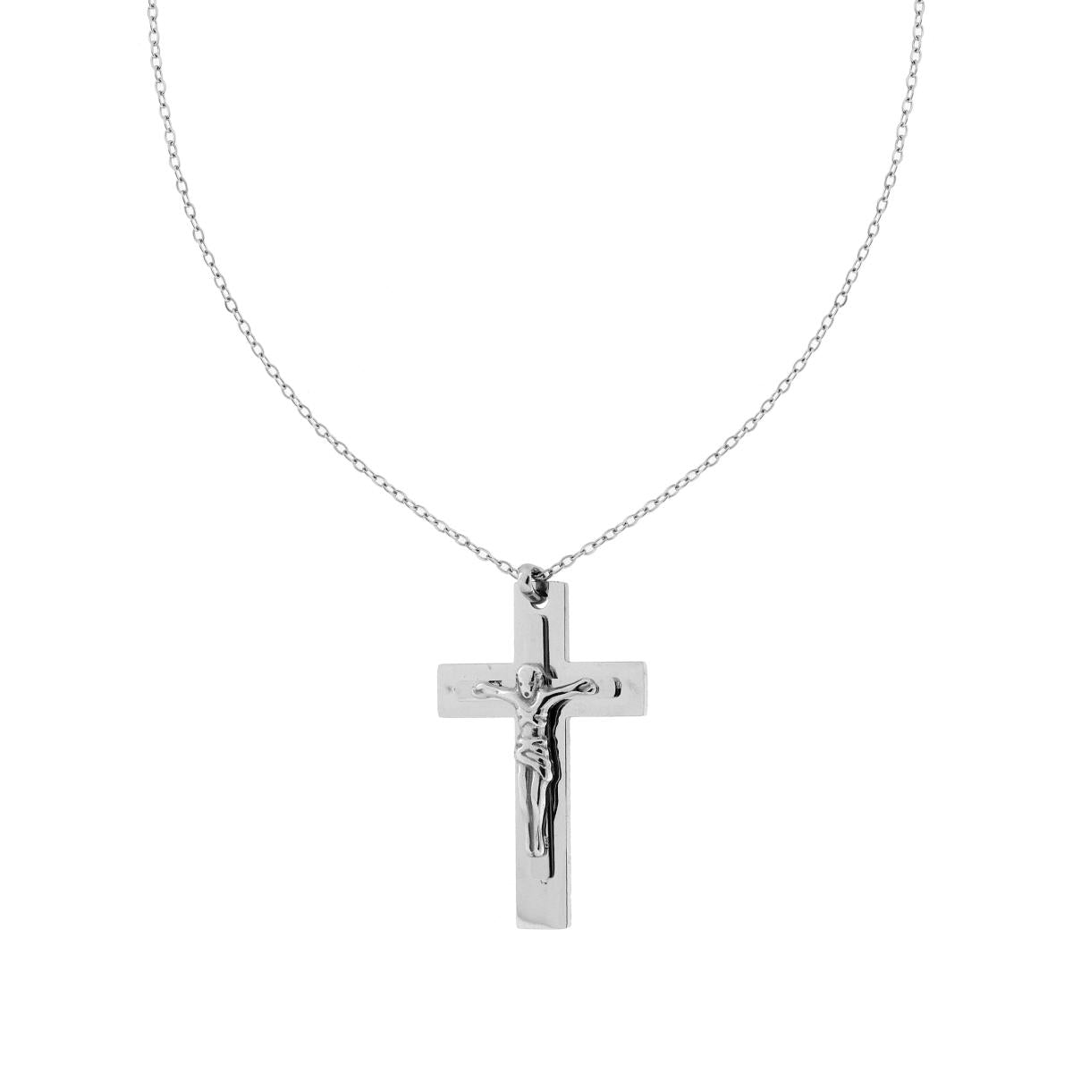 Collana con Catena Forzatina Diamantata con Croce e Gesu Cristo in ACCIAIO