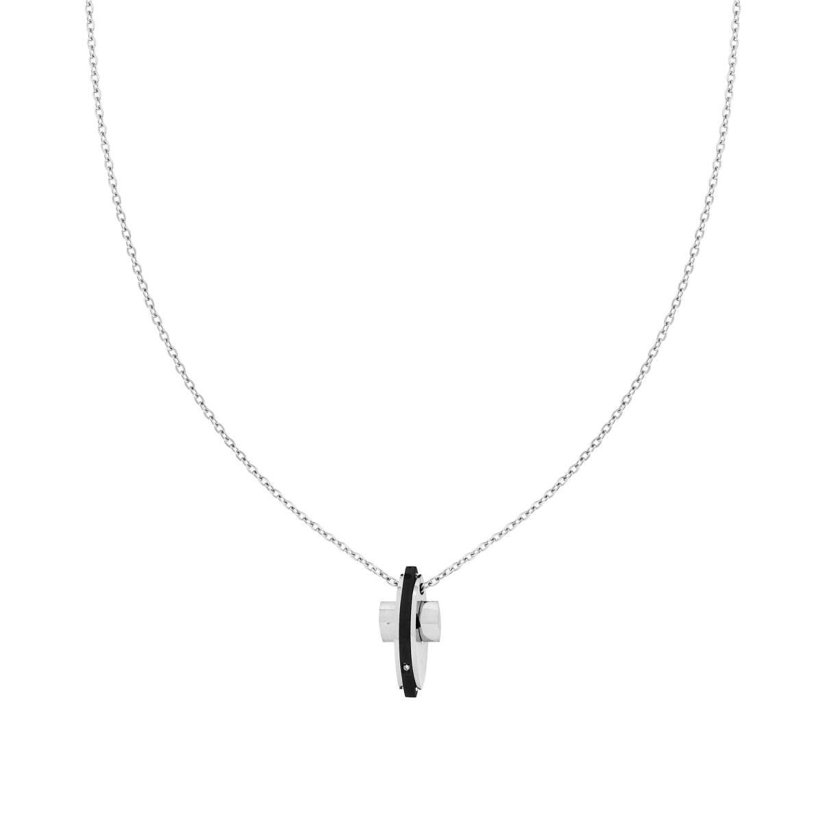Collana con Catena Forzatina Diamantata con Croce e con Dettaglio Nero e Crystal Bianco in ACCIAIO