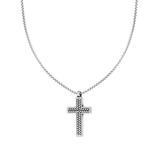 Collana Catena Veneziana Tonda e Croce con Decoro a Treccia in ACCIAIO