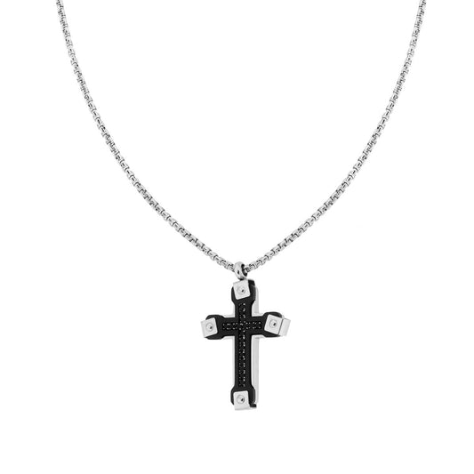 Collana Catena Veneziana Tonda con Croce con Piastra Nera e Crystal Neri in ACCIAIO