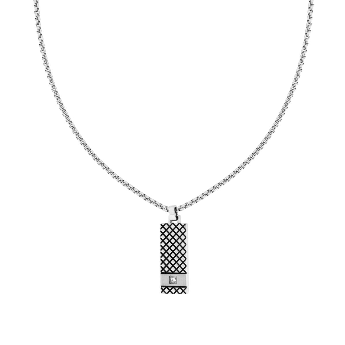 Collana Catena Veneziana Tonda con Piastra Rettangolare Quadrettata e Crystal Bianco in ACCIAIO