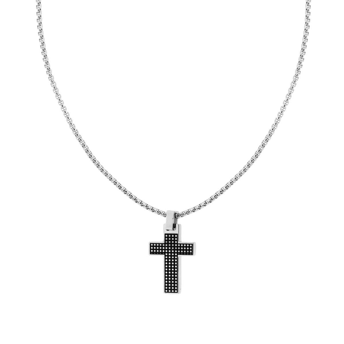 Collana Catena Veneziana Tonda e Croce con Decoro Pallinato in ACCIAIO