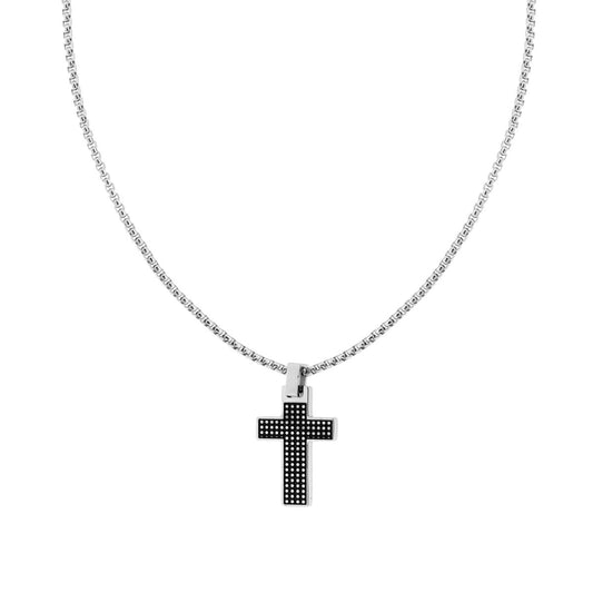 Collana Catena Veneziana Tonda e Croce con Decoro Pallinato in ACCIAIO