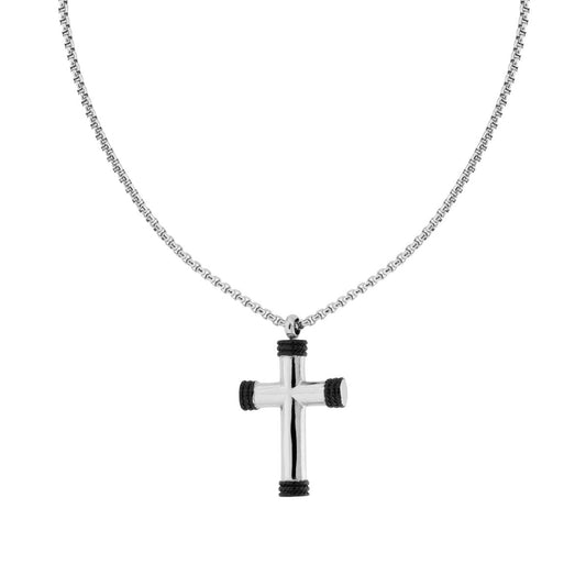 Collana Catena Veneziana Tonda e Croce con Dettaglio Nero in ACCIAIO