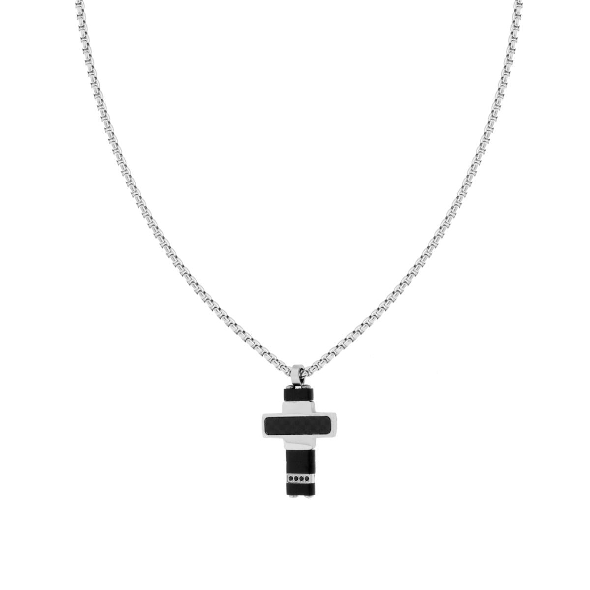 Collana Catena Veneziana Tonda e Croce con Effetto Fibra di Carbonio e Crystal Neri in ACCIAIO