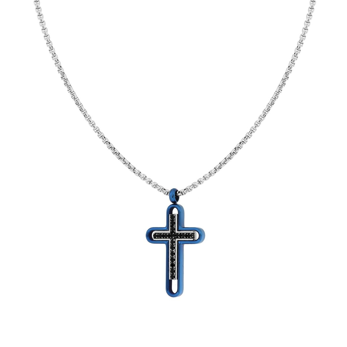 Collana Catena Veneziana Tonda con Croce Blu e Crystal Neri in ACCIAIO