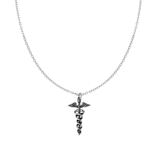 Collana con Catena Forzatina Diamantata con Croce Bastone di Asclepio Serpente in ACCIAIO