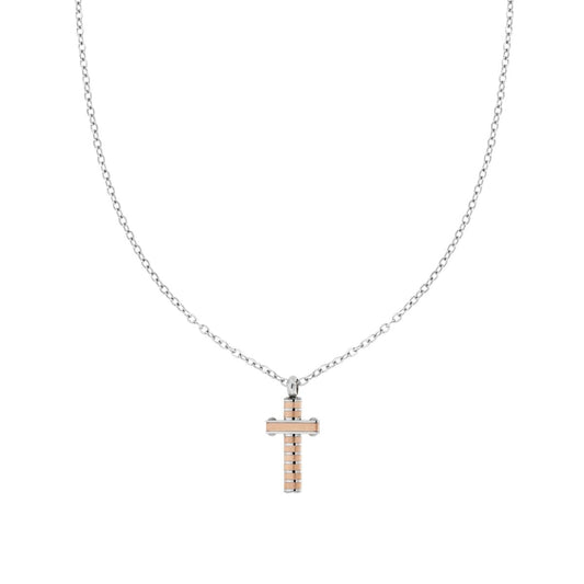 Collana Catena Forzatina Diamantata con Croce Rosa in ACCIAIO