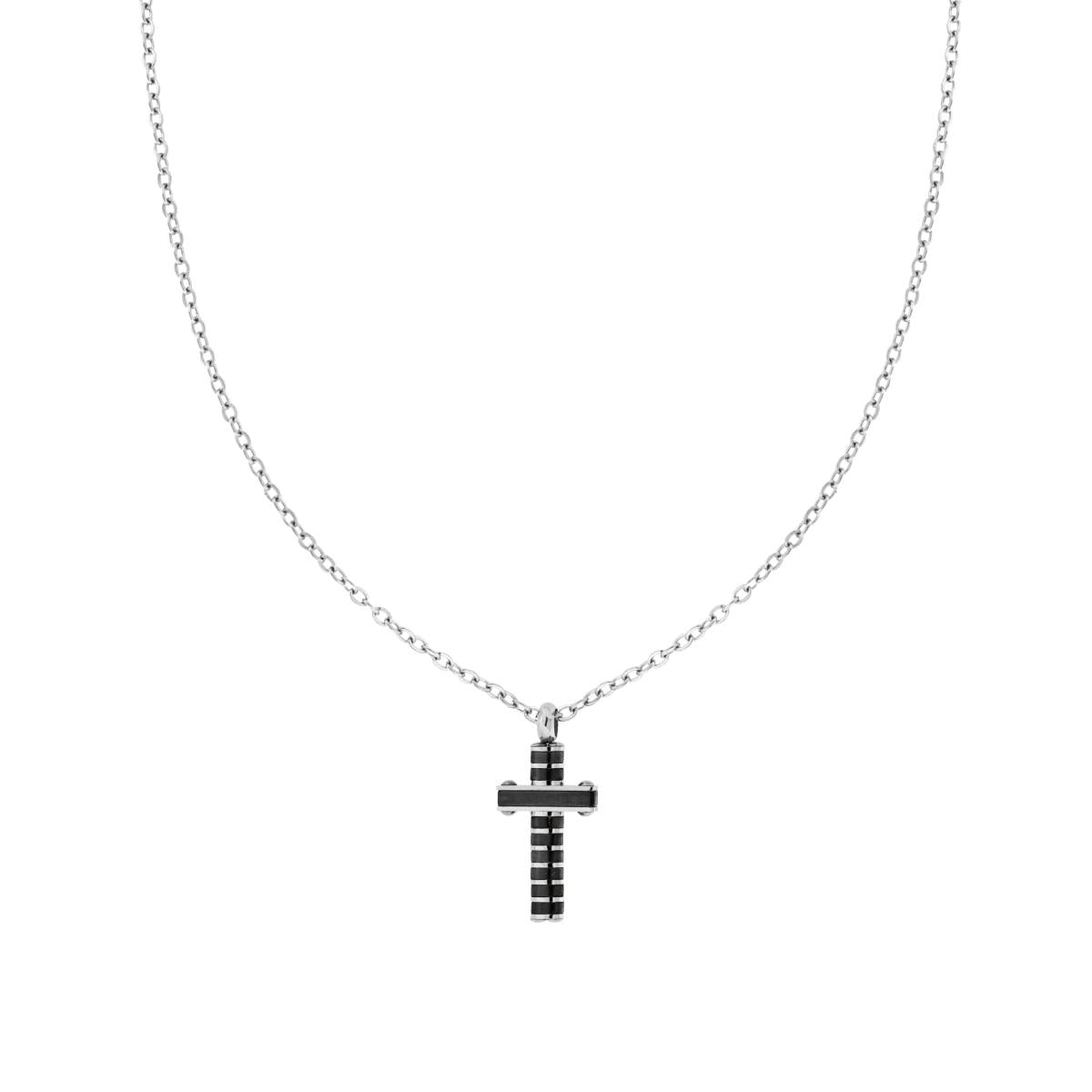 Collana Catena Forzatina Diamantata con Croce Nera in ACCIAIO
