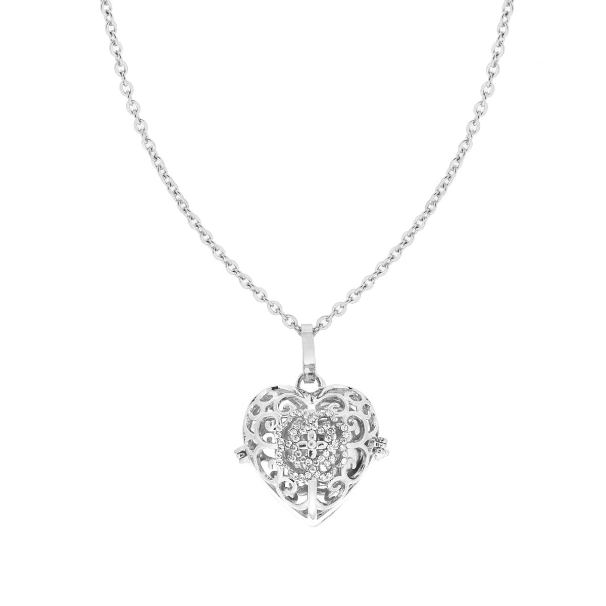 Collana Catena Forzatina Diamantata cm 90 con Chiama Angeli Cuore e Crystal Bianchi con Sfera Sonaglio in ACCIAIO e BRONZO