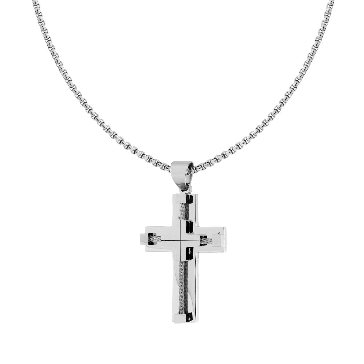 Collana Catena Veneziana Tonda e Croce con Fune in ACCIAIO