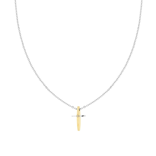 Collana Catena Forzatina Diamantata con Croce colore Oro con Crystal Bianco in ACCIAIO