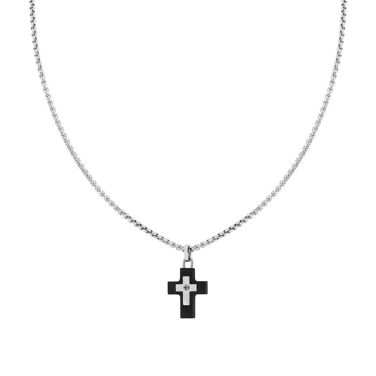 Collana Catena Veneziana Tonda e Croce in PVC Nero in ACCIAIO