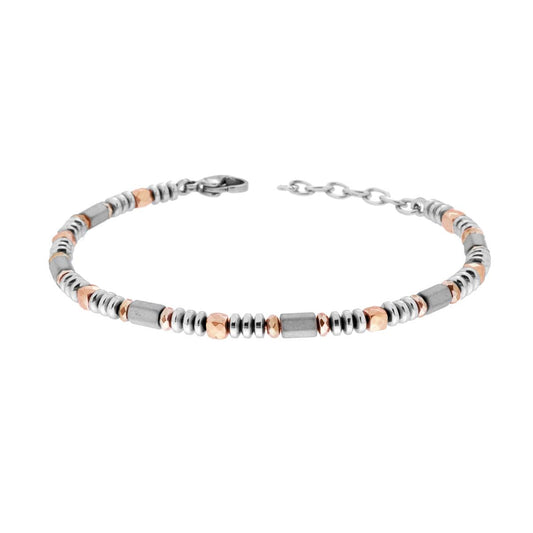 Bracciale Catena con Cubetti e Anelli Sfaccettati Rosa e Cilindri Grigi in ACCIAIO