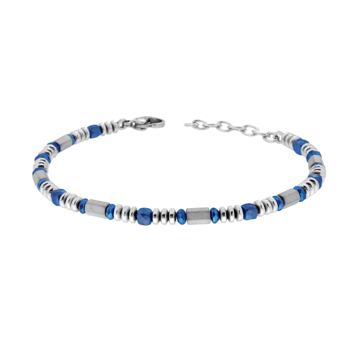 Bracciale Catena con Cubetti e Anelli Sfaccettati Blu e Cilindri Grigi in ACCIAIO