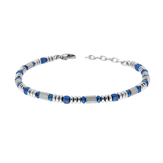 Bracciale Catena con Cubetti e Anelli Sfaccettati Blu e Cilindri Grigi in ACCIAIO