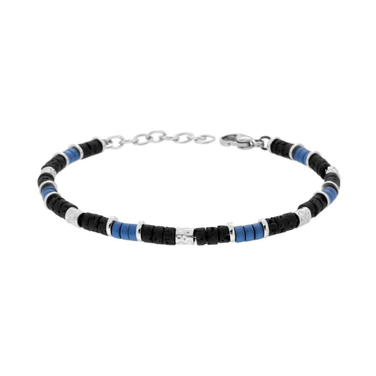 Bracciale Catena con Pietra Lavica Nera Cilindri colore Blu e Martellati in ACCIAIO